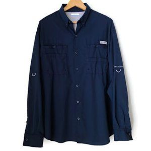 COLUMBIA PFG Omni-Shade Vented LS Fishing Navy Button Down Shirt L